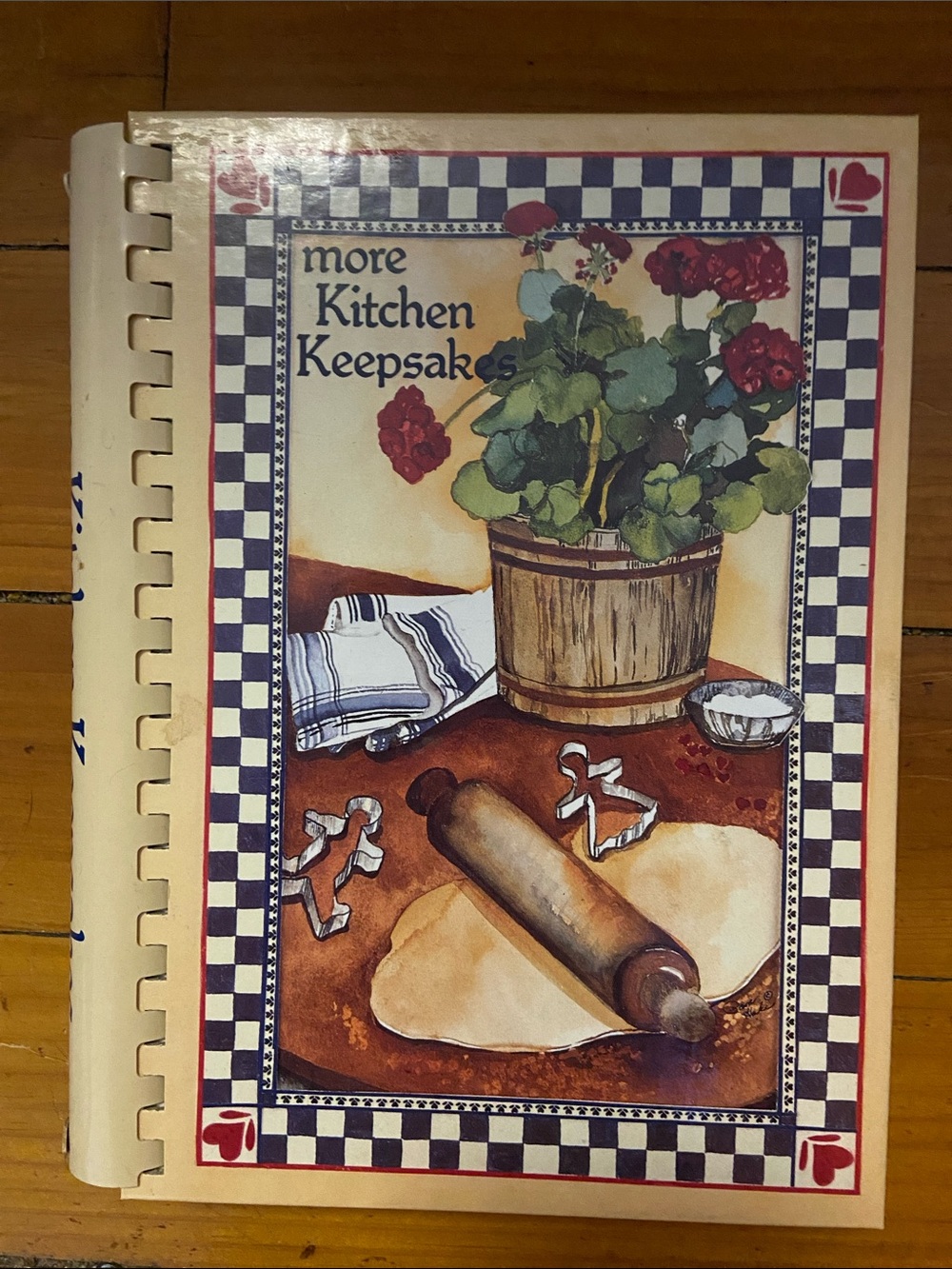 Vintage 80s 90s Kitchen spiral Cookbook checkered Red Floral rolling pin Cover